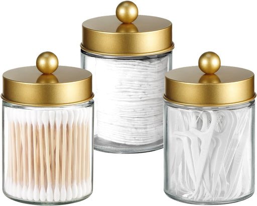 Apothecary Jar Canisters Bathroom Vanity Organizer - Qtip Holder Storage Organizer Countertop Canister-Stainless Steel Lids &Cute Stickers for Qtips,Cotton Swabs,Makeup Sponges,Floss(3 Pack ) (Gold) - Gold Clear