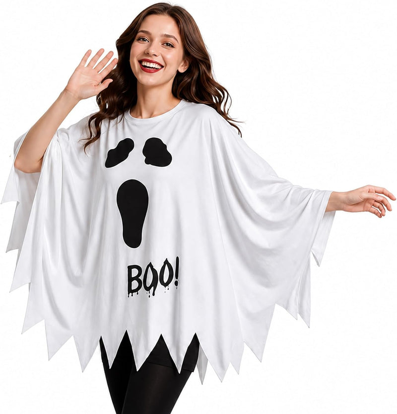 Halloween Costume for Adults, Skeleton Costume with Cape, Spooky Dress-Up Outfit for Women and Men, Halloween Parties and Cosplay - white