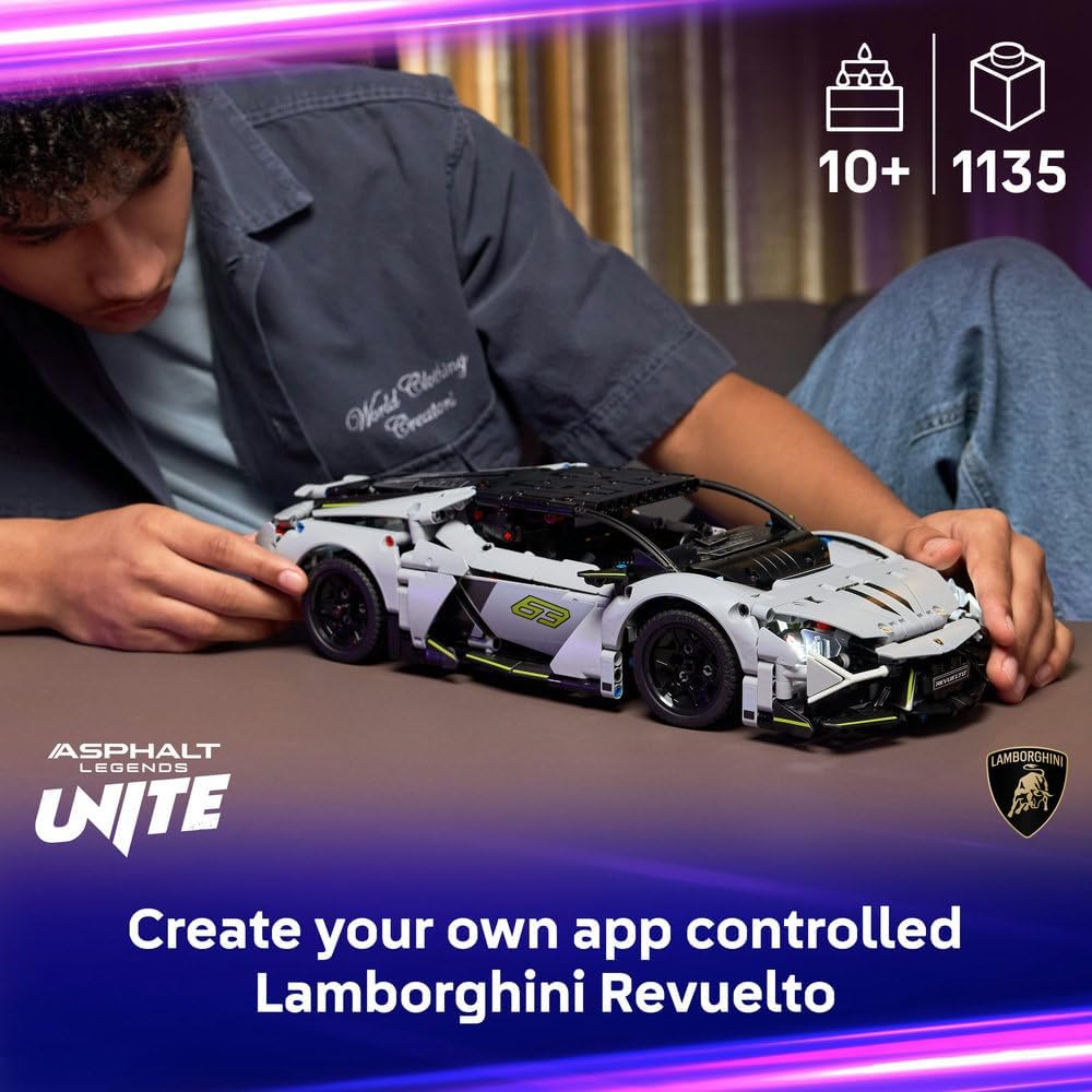 Technic Lamborghini Revuelto Super Sports Car Toy - Remote Controlled Car Model with Lights, Steering and a Rechargeable Battery Hub - Gift for 10+ Year Old Boys - 42214