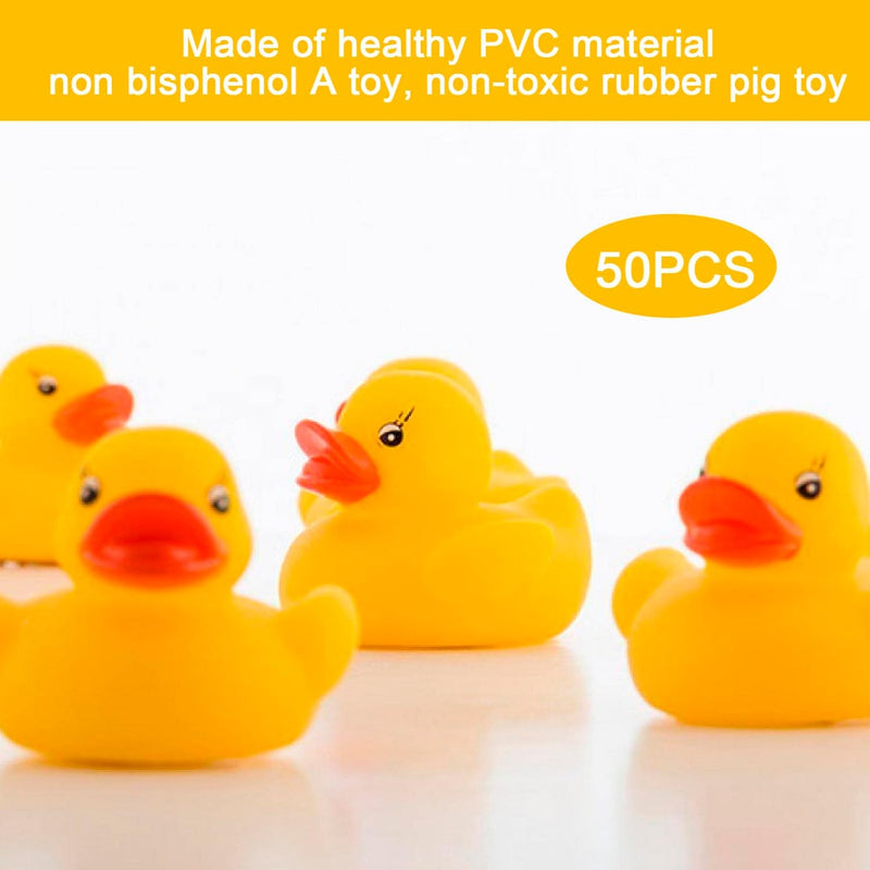 AYNKH 50PCS Rubber Ducky with Storage Mesh Bag, Float and Squeak Mini Small Yellow Ducks, Baby Shower Toy Party Decoration Fishing Game for Toddlers Boys Girls