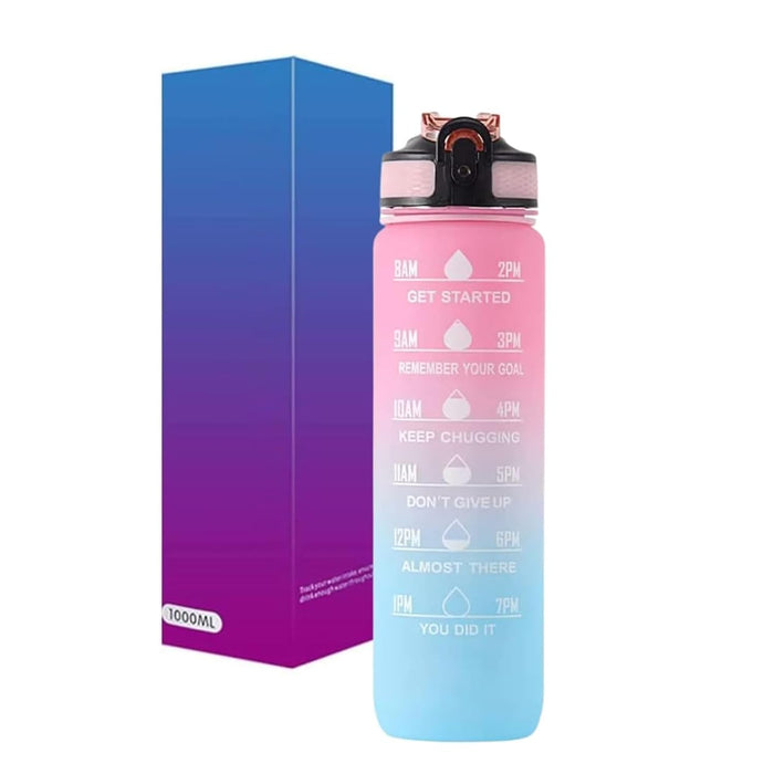 Sulfar Water Bottle 1L / 32oz with Motivational Time Marker Straw Strainer Plastic BPA Free Sport Water Bottles for kids Fitness Gym Office Outdoor Sports and Exercise| Leak Proof (Pink & Blue)