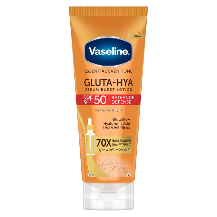 Vaseline Gluta-Hya Serum Burst Lotion, Radiance Defense, SPF 50 PA+++, with GlutaGlow Technology, Hyaluronic Acid and UVA/UVB Filters, 70x More Powerful than Vitamin C, 180ml