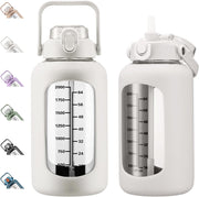 64oz Glass Water Bottles with Straw, Half Gallon Motivational Glass Bottle with Silicone Sleeve and Time Marker, 2L Leakproof Large Glass Water Jug for Gym Home Office,Black - 84 Ounces White