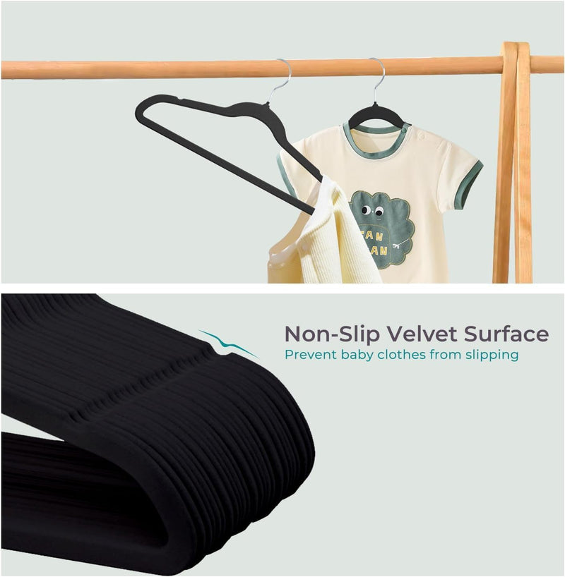 ManGotree 10 Pack 14 Inch Premium Kids Velvet Hangers for Closet, Ultra-Thin Children's Clothes Hangers with 360° Swivel Hook, Sturdy Non-Slip Felt Kids Hangers for Youth (Black)