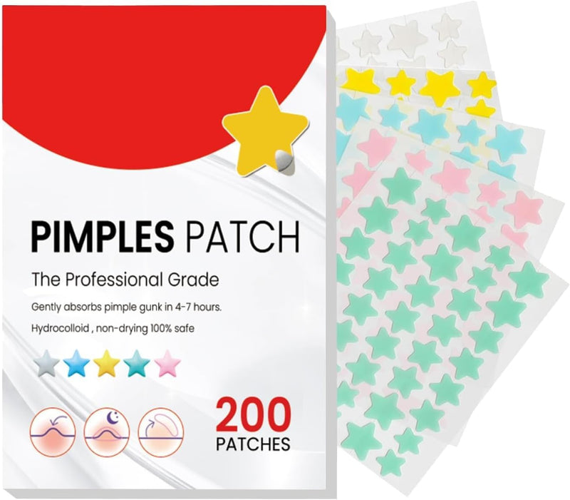 200Pcs Acne Pimple Patches, Hydrocolloid Acne Patch,Pimple Patches for Face, Colorful Star Pimple Spot Sticker with Hyaluronic Acid, for Covering Zits and Blemishes