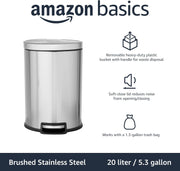 Amazon Basics Round Cylindrical Dustbin With Steel Bar Pedal, Soft-Closing Mechanism For Home and Office Use, 20 Litre/5.3 Gallon, Brushed Stainless Steel - 20L