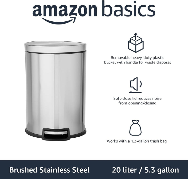 Amazon Basics Round Cylindrical Dustbin With Steel Bar Pedal, Soft-Closing Mechanism For Home and Office Use, 20 Litre/5.3 Gallon, Brushed Stainless Steel - 20L