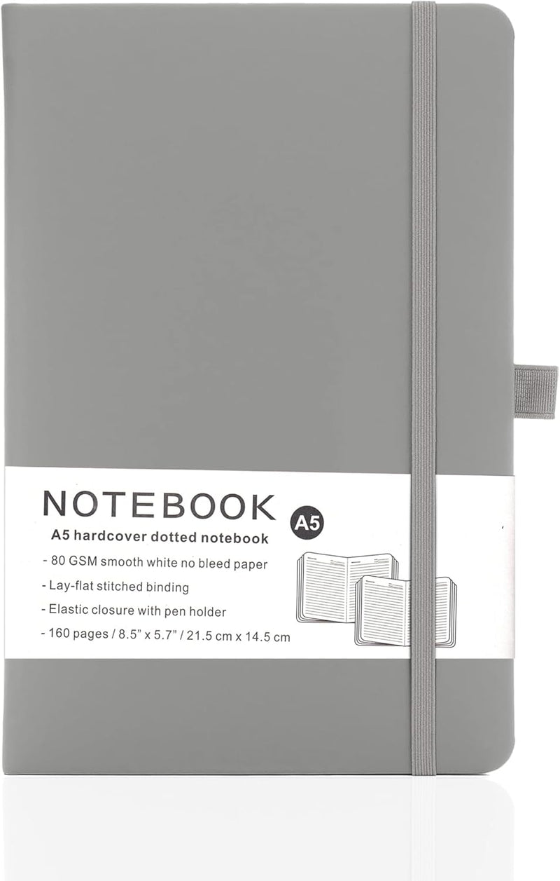 Yanek A5 Lined Notebook - Hardcover, 160 Pages, Writing Pad for Notes, Journals, Sketches, School, Office, and Personal Use - Durable, Portable, Pack of 1 (Black) - Grey