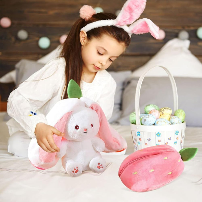 AMERTEER Strawberry Bunny Plush Toy Cute Transformed Bunny Doll Fruit Rabbit Pillow, Small Soft Plush Pillow for Kids Girls, Transformable Fruit Rabbit Toy (18cm)
