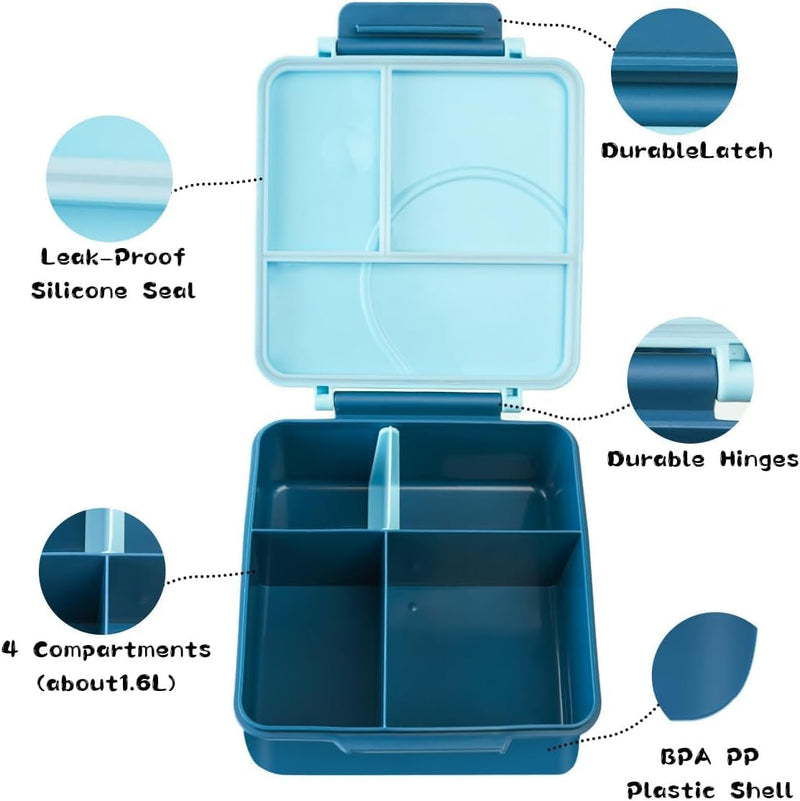 Lunch Bento Box for Kid and Adult,with Insulated Steel Jar Inside,4 Compartment Microwave & Dishwasher & Freezer Safe,BPA Free(Blue)