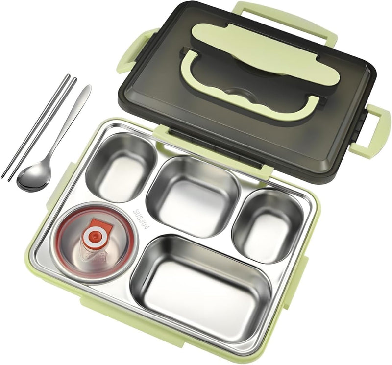 Stainless Steel Bento Box 5 Compartments Lunch Box for Kids Leak Proof Food Container for Microwave Dishwasher Safe (Pink) - Green