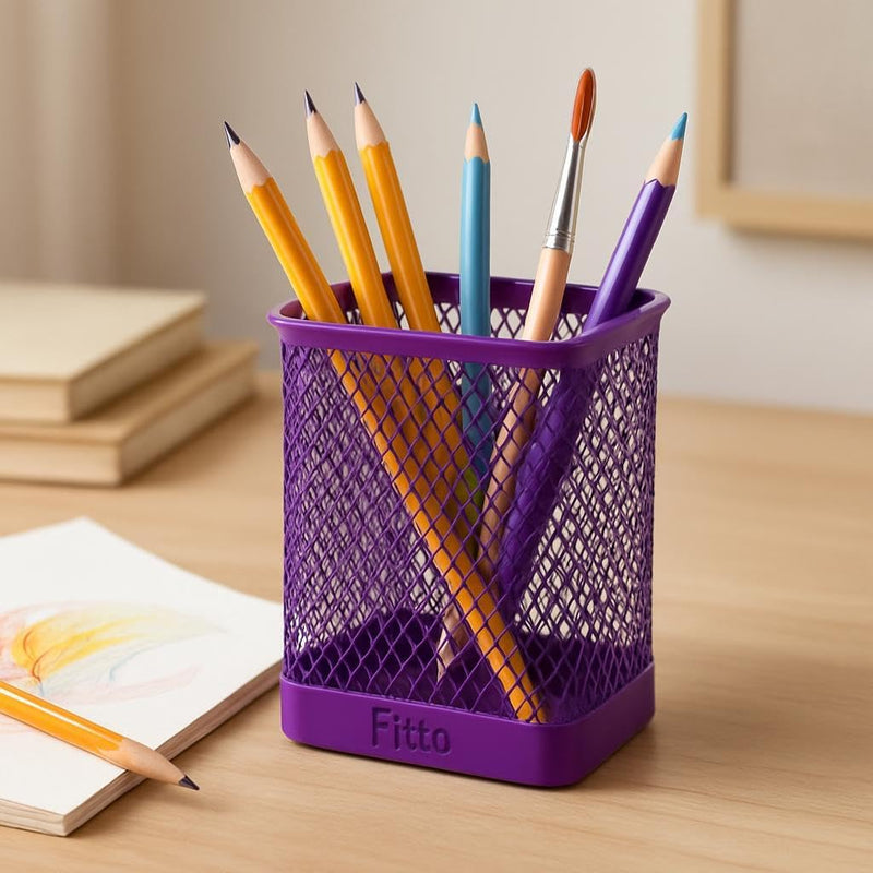 Fitto Purple Rectangle Pen Holder 8x10cm for Office, Home & School