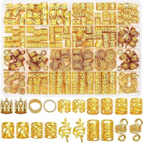 Odluzy 220 PCS Hair Beads for Locs Women Braids, Loc Jewelry for Hair, Dreadlocks Accessories, Metal Gold Silver Clips Cuffs Coils Shells Rings for Hair Braiding Beard Decoration for Girls Women