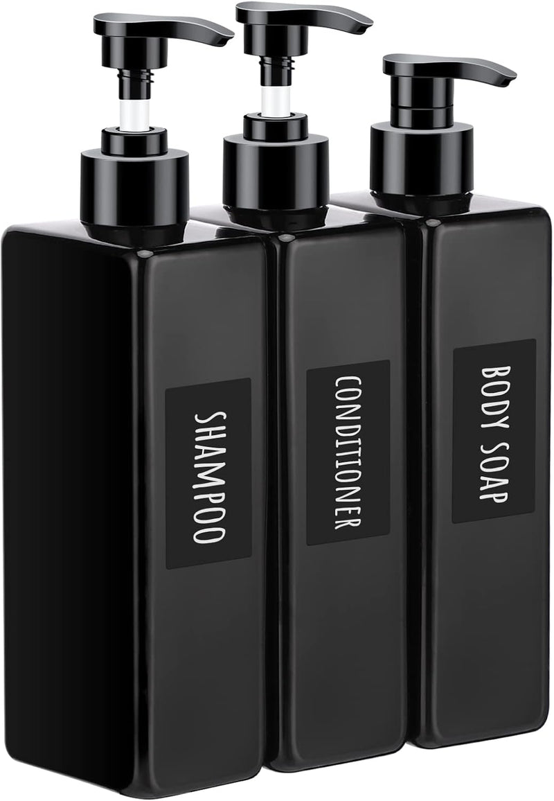 Segbeauty Shampoo and Conditioner Dispenser Refillable, 3pcs 16.9oz Shower Bottles Soap Dispenser with Labels, 500ml Empty Plastic Square Pump Bottle Dispenser Body Wash Containers for Bathroom Black - Black-self-labeling 16.9oz/500ml
