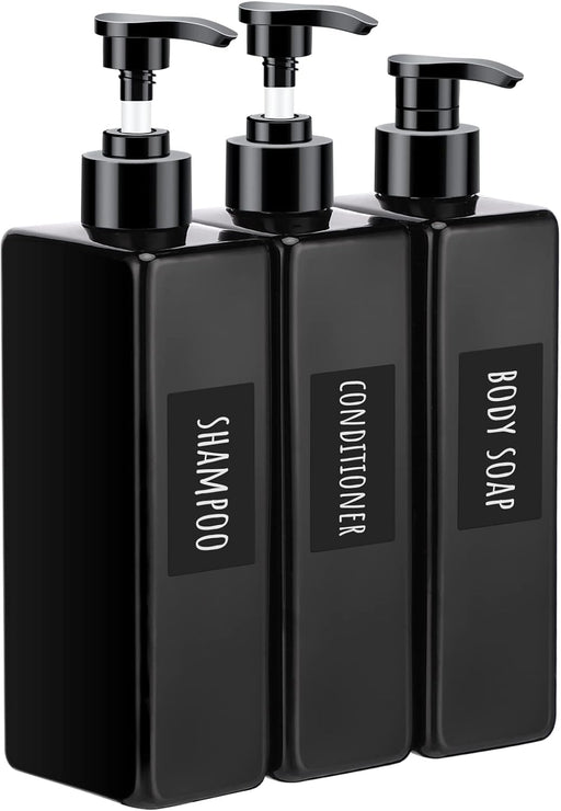 Segbeauty Shampoo and Conditioner Dispenser Refillable, 3pcs 16.9oz Shower Bottles Soap Dispenser with Labels, 500ml Empty Plastic Square Pump Bottle Dispenser Body Wash Containers for Bathroom Black - Black-self-labeling 16.9oz/500ml
