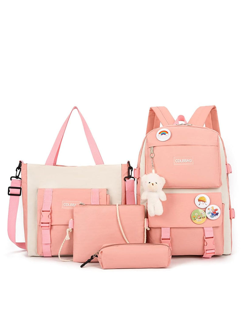 School Bag for Girls, 4Pcs Cute Backpack Set with Pendant Lunch Bag, Pencil Case, Handbag, Coin Purse for Teen Girls School Backpack