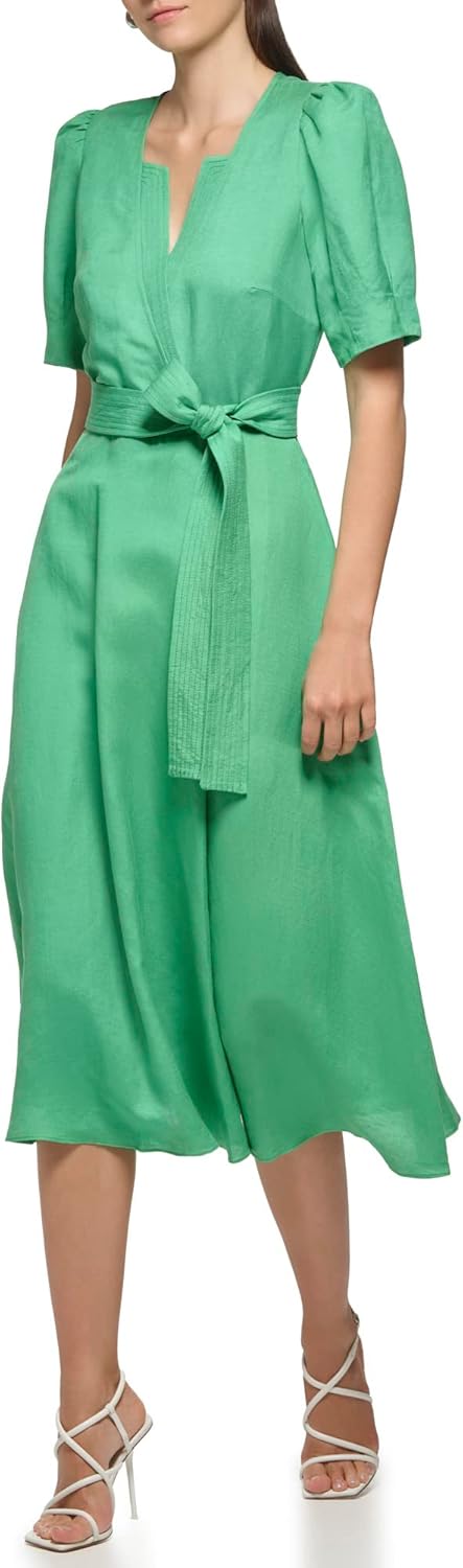 Women's Puff Sleeve Tie Midi Dress