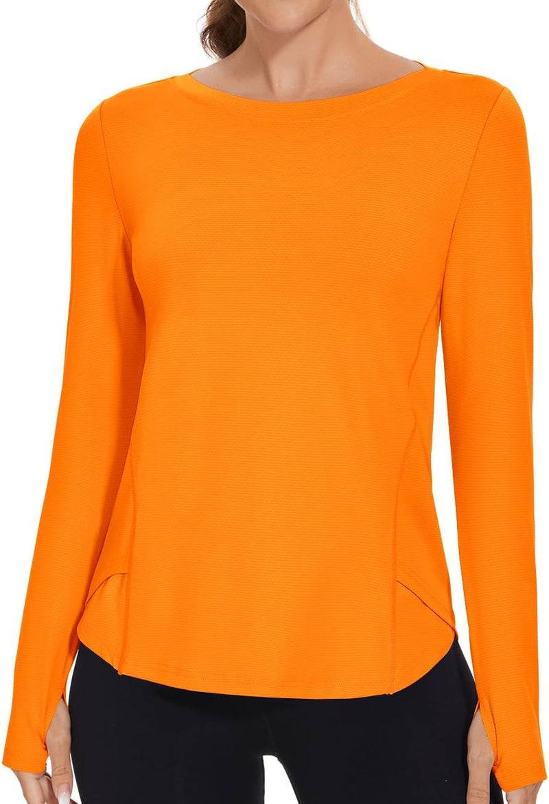 Rapbin Women's UPF 50+ Sun Protection T-Shirts Long Sleeve Boat Neck Workout Lightweight Quick Dry Top with Thumb Hole