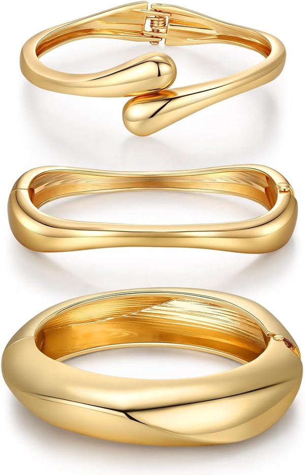 Chunky Gold Bangle Bracelets for Women Trendy 14K Gold Plated Cuff Bracelets Stack, Stackable Statement Bangles, Fashion Jewelry Set for Wedding, Party, Travel Women, Girls, Stylish Gift for Her, 3Pcs