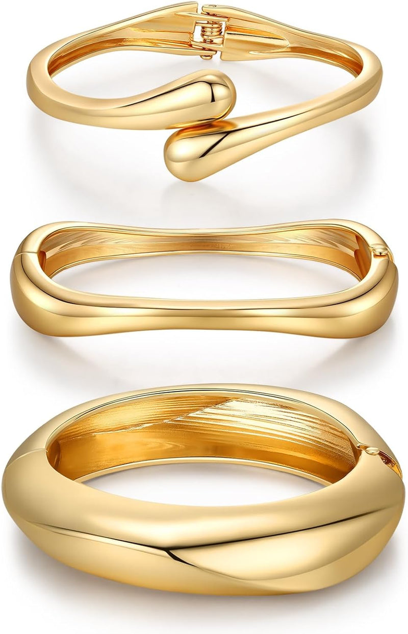Chunky Gold Bangle Bracelets for Women Trendy 14K Gold Plated Cuff Bracelets Stack, Stackable Statement Bangles, Fashion Jewelry Set for Wedding, Party, Travel Women, Girls, Stylish Gift for Her, 3Pcs