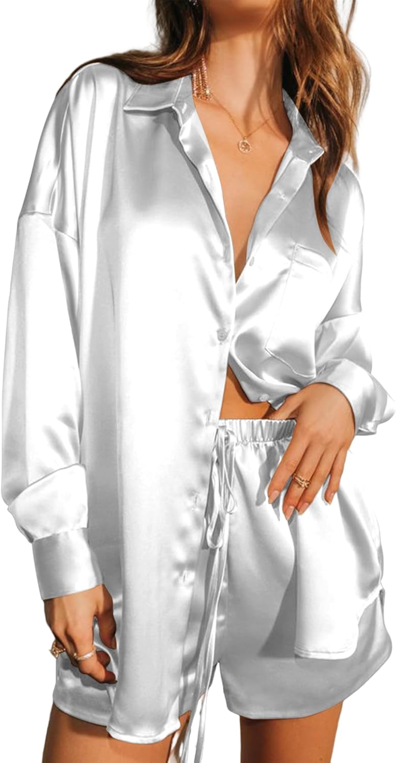 Womens 2 Piece Satin Outfits Long Sleeve Matching Sets Botton Down Shirt and Bottom Set Casual Tracksuit Sweatsuits - White