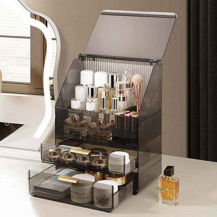 Kousee Makeup Storage Organizer, Large Skincare Organizers Cosmetic Display Case with Lid,Lipstick Organizer and Transparent Cover, Makeup Box for Bedroom Vanity Desk Countertop Bathroom -White
