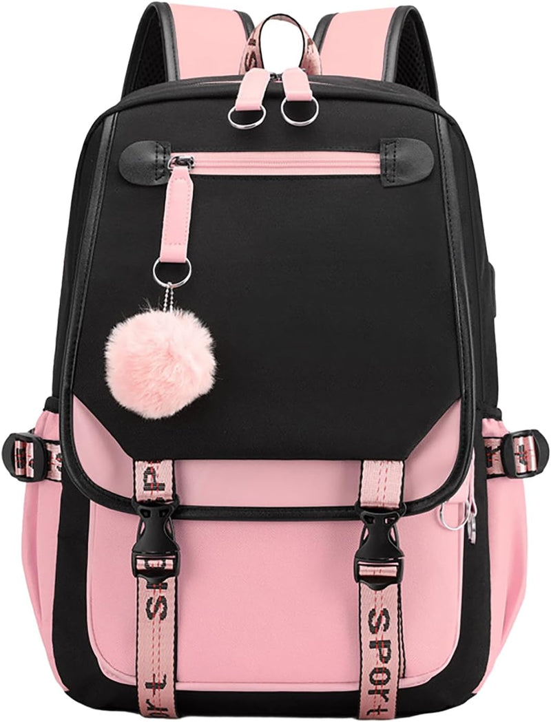Girls School Bag, School Bag Leisure Backpack School Student Laptop Backpack, Waterproof Backpack,Accessories Plush Pendant for Teens Girls Women Students School Bag - Pink-B