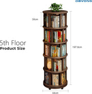DAYONG 5-Tier Rotating Bookshelf, Large Capacity Solid Wood Bookcase with Wheels, Space-Saving Book Shelf Storage Display Rack Floor Standing Shelves for Small Space, Corner, Office (Walnut) - Walnut