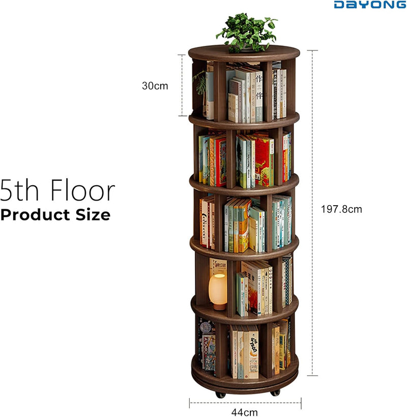 DAYONG 5-Tier Rotating Bookshelf, Large Capacity Solid Wood Bookcase with Wheels, Space-Saving Book Shelf Storage Display Rack Floor Standing Shelves for Small Space, Corner, Office (Walnut) - Walnut