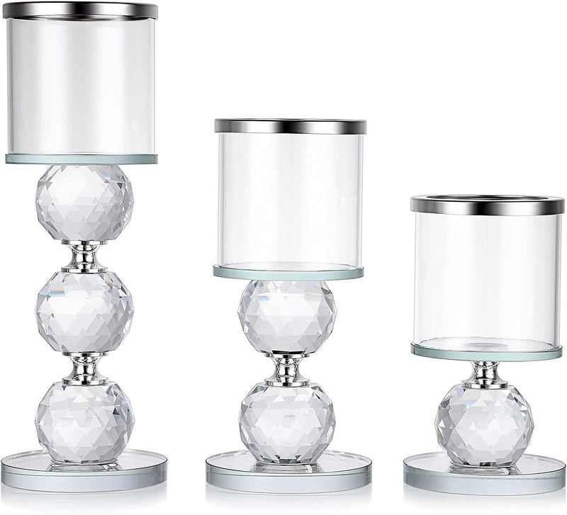 OwnMy Set of 3 Crystal Glass Candlestick Holders Pillar Candle Holders with Glass Covers, Modern Clear Glass Tea Light Candle Sticks Votive Candle Stands for Table Centerpiece Wedding Decor (Silver)