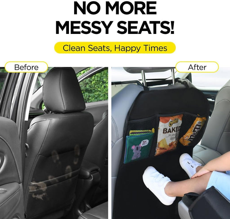 Lebogner Kick Mat Auto Seat Back Protectors + 3 Organizer Pockets, 2 Pack Waterproof Fabric Seat Cover For The Back Of Your Seat, X-Large Car Back Seat Protectors, Backseat Child Kick Guard Seat Saver