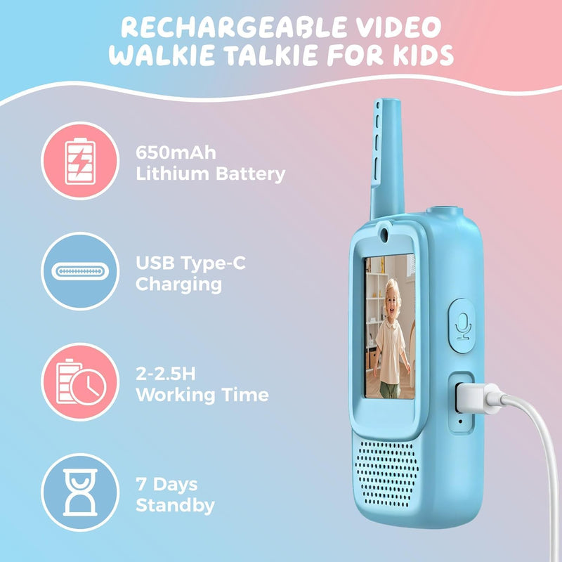 Kids Video Walkie Talkies Toys with Rotating Antenna & 2.0-Inch Screen - Dual-Camera Video Chat, USB-C Rechargeable with Lanyard, Colorful Gift for Interactive Play (Blue and Pink)