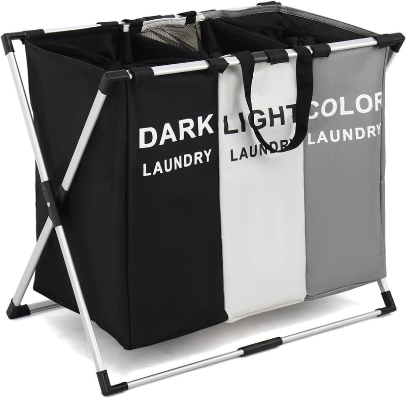 SKY-TOUCH Laundry Basket Hamper,Dirty Clothes Basket,3-Section Clothes Sorter Bin with Handle,Foldable Waterproof Storage Baskets with 135L Large Capacity for Bathroom&Washroom,66 38 58cm,1pcs - set of 1 pcs