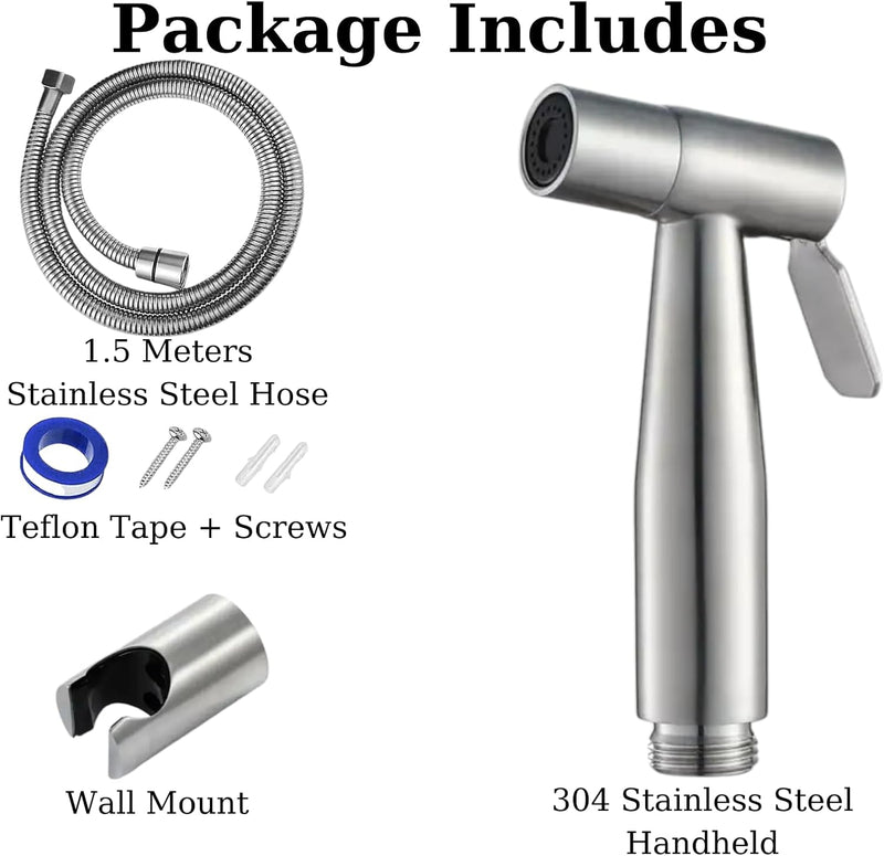 Premium Stainless Steel Bidet Sprayer for Toilet With 1.5 Meter Stainless Steel Hose, Easy 5-Minute Installation, Powerful Water Pressure (Full Shattaf Set)