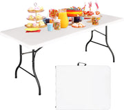 MOMENT Foldable Lightweight Trestle Outdoor Camping Tables, Heavy Duty Plastic Outdoor Folding Picnic Table, Folding Trestle Table For BBQ Party, Folds in Half with Carry Handle, White - 180x75cm