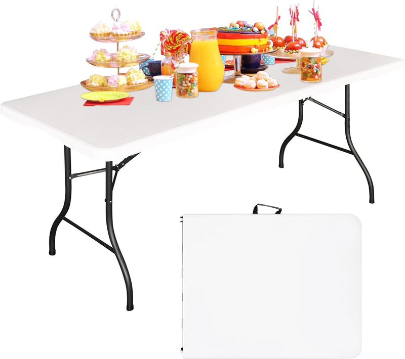 MOMENT Foldable Lightweight Trestle Outdoor Camping Tables, Heavy Duty Plastic Outdoor Folding Picnic Table, Folding Trestle Table For BBQ Party, Folds in Half with Carry Handle, White - 180x75cm