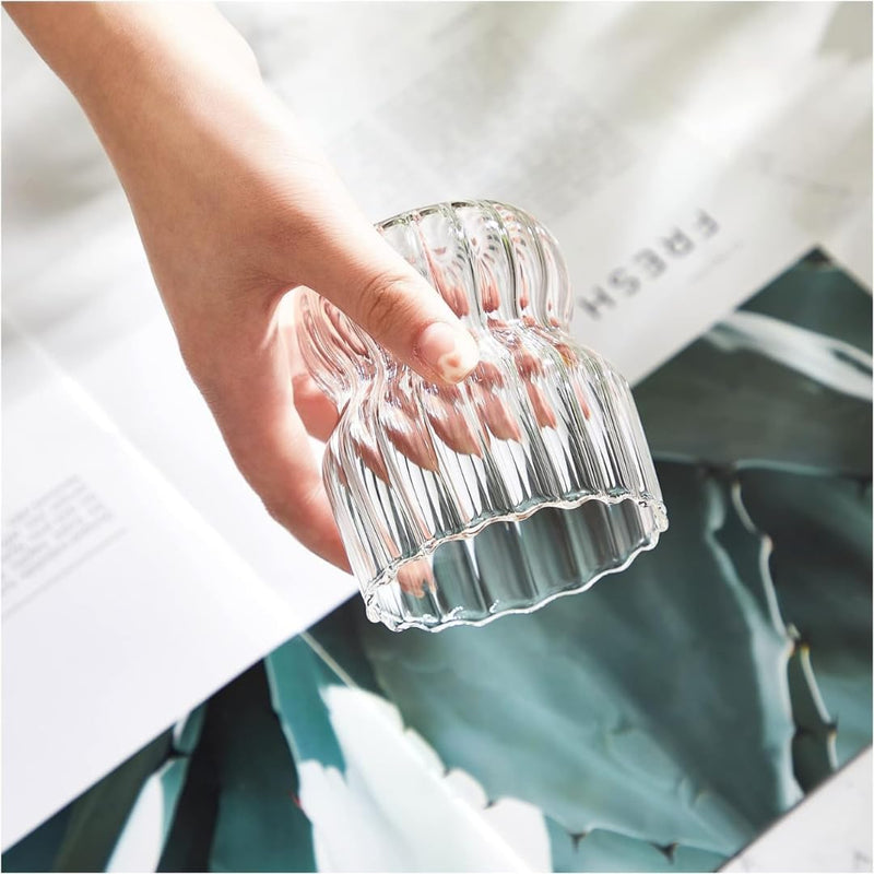 1CHASE Ribbed Drinking Glasses with Straws 320 ML (Set of 4), Ripple Borosilicate Glassware, Mixed Drinkware Sets, Drinking Glasses for Juice, Beer, Iced Coffee, Tea and Cocktails (11 oz)