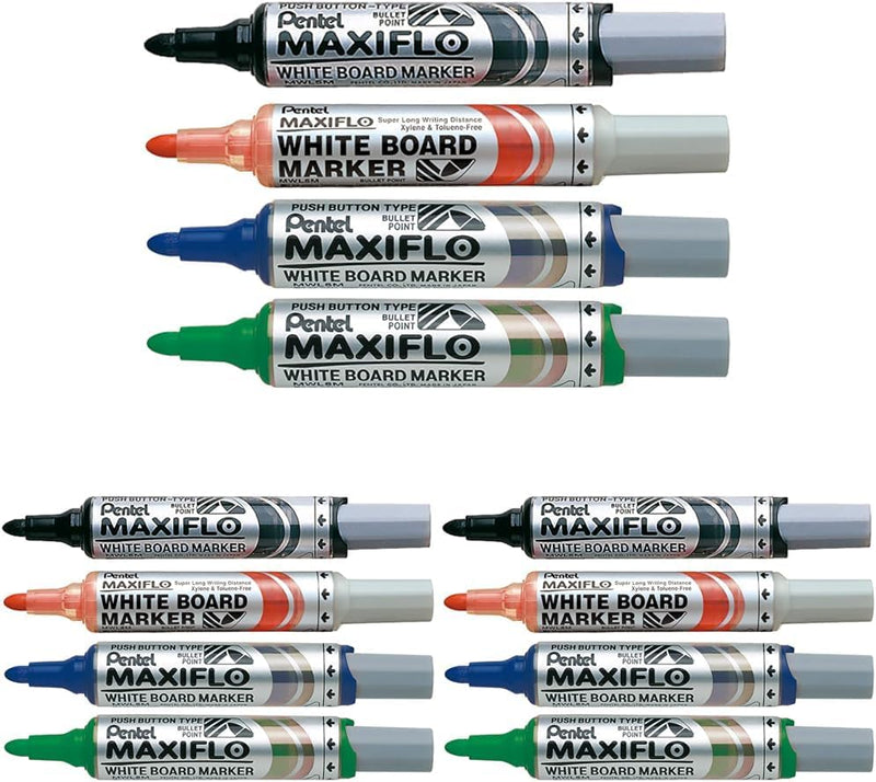 Pentel 6.0mm Bullet Tip Wallet 4 Maxiflo White Board Marker Liquid Ink - Black/Red/Blue/Green