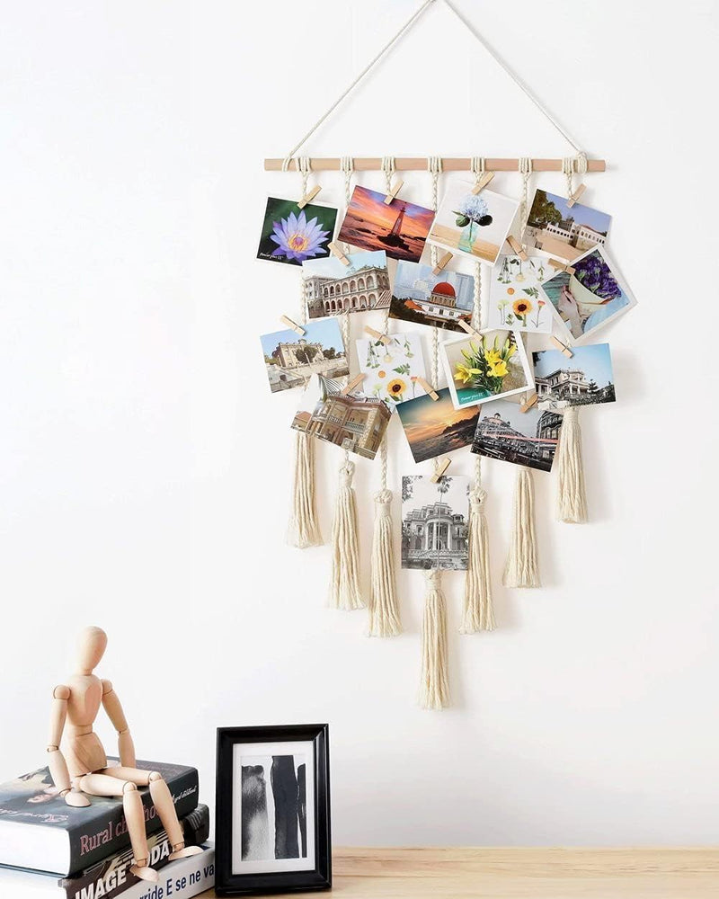 Hanging Photo Displays Macrame Wall Hanging Picture Organizer with 25 Wood Clips Boho Hone Decor for Home, Living Room, Bedroom, Best, Ivory White, 42.5" LÃ17" W