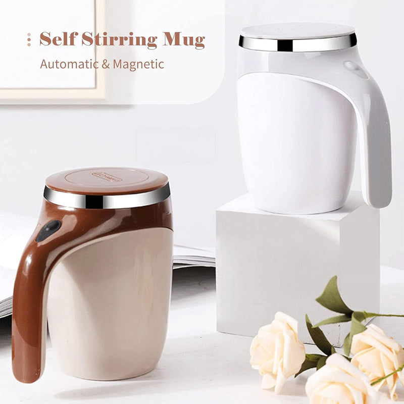 SHOWAY 380mL Self Stirring Mug with Lid Automatic Coffee Cup Electric Stainless Steel Mixing for Milk Cocoa Hot Chocolate