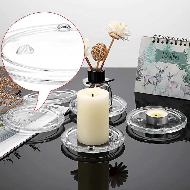Goodern Clear Glass Candle Plates,5PCS Round Pillar Candle Holders 10CM Glass Candle Tray Glass Coaster Holder Small Round Plate Candle Tray Plates Candle Centerpiece for Dining Wedding Party Table