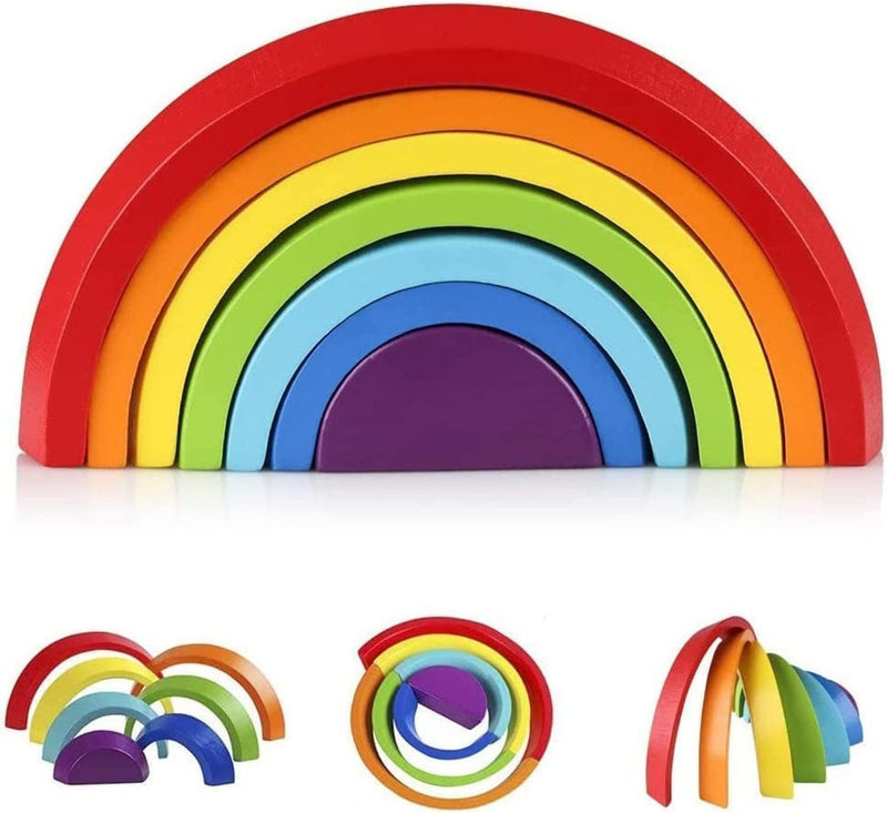 Baybee Baby Wooden Stacking Toys & Building Puzzle Toys for Kids Toddlers Nesting Toys for Montessori Learning Baby Toys Tunnel Stacking Toys for 2+ Years old -(Assorted Wooden Rainbow 7pcs)