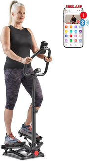 Sunny Health & Fitness Steppers for Exercise at Home Exercising Workout Cardio Equipment Gym Mini Stair Master Climber Thigh Space Squat Twist Stepper Advanced Twisted Resistance Band Step with Bands - Black/Smart with Handlebar One Size