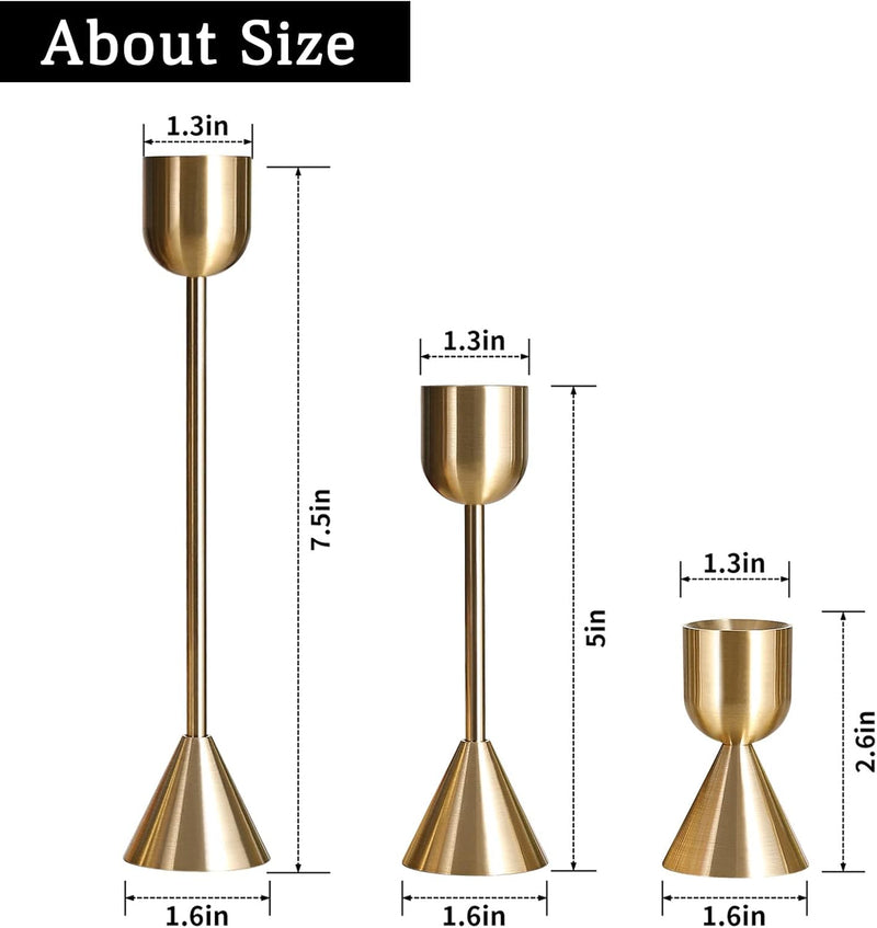 TERRIFI 3 Pcs Candle Holders for Taper Candles, Decorative Candlestick Holder for Wedding, Dinning, Party, Fits 3/4 inch Thick Candle&Led Candles (Metal Candle Stand) (Gold)