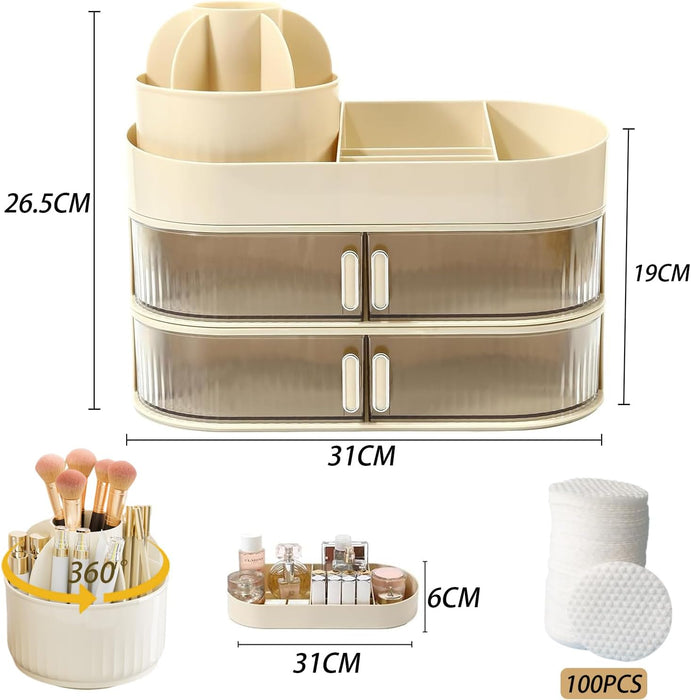 QUEENADA Makeup Organizer with Makeup Brush Holder - 3 Layer Skincare Organizer with 360 Rotating Makeup Brush Holder, High-Capacity Cosmetic and Skincare Dresser Make Up Holder Rack
