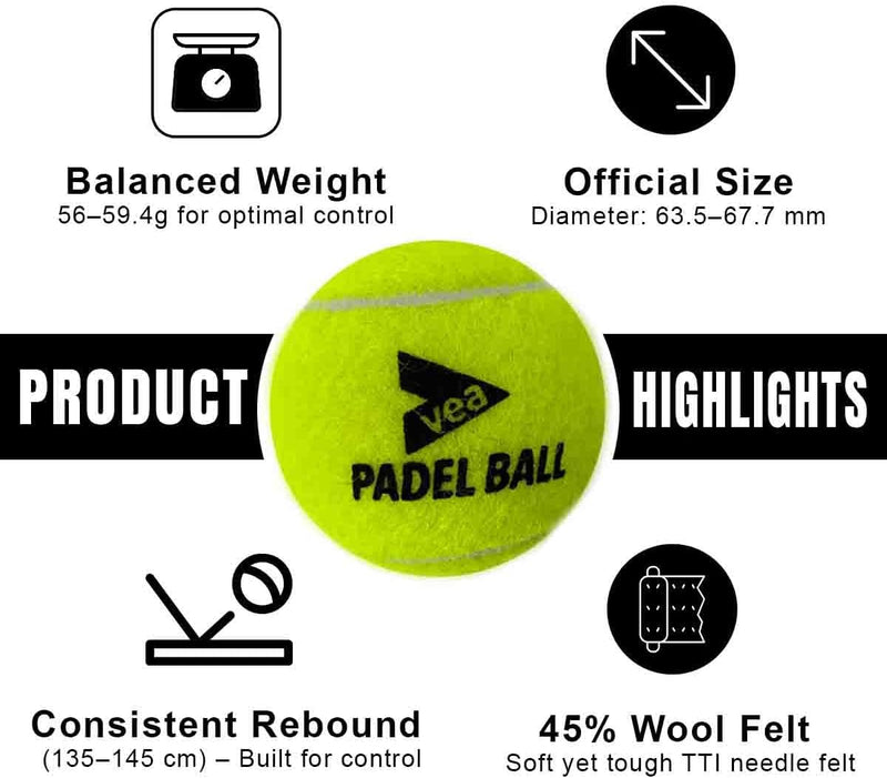 VEA Padel Balls Premium Pressurized Padel Balls for Match & Training Long-Lasting Bounce, Durable Felt 3 Tube - 9 Balls