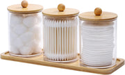 Tbestmax 10 Oz Cotton Swab/Ball/Pad Holder with Vanity Tray, Qtip Apothecary Jar, Clear Bathroom Containers Dispenser for Storage 3 Pack Wood Lids - brown