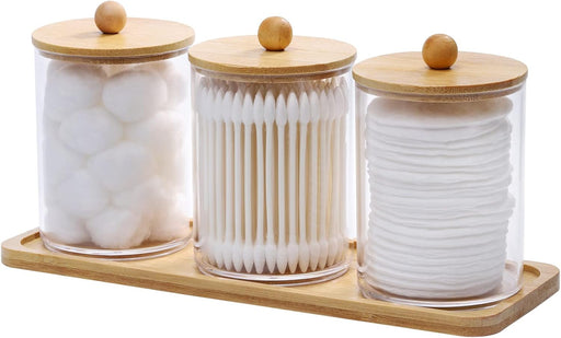 Tbestmax 10 Oz Cotton Swab/Ball/Pad Holder with Vanity Tray, Qtip Apothecary Jar, Clear Bathroom Containers Dispenser for Storage 3 Pack Wood Lids - brown