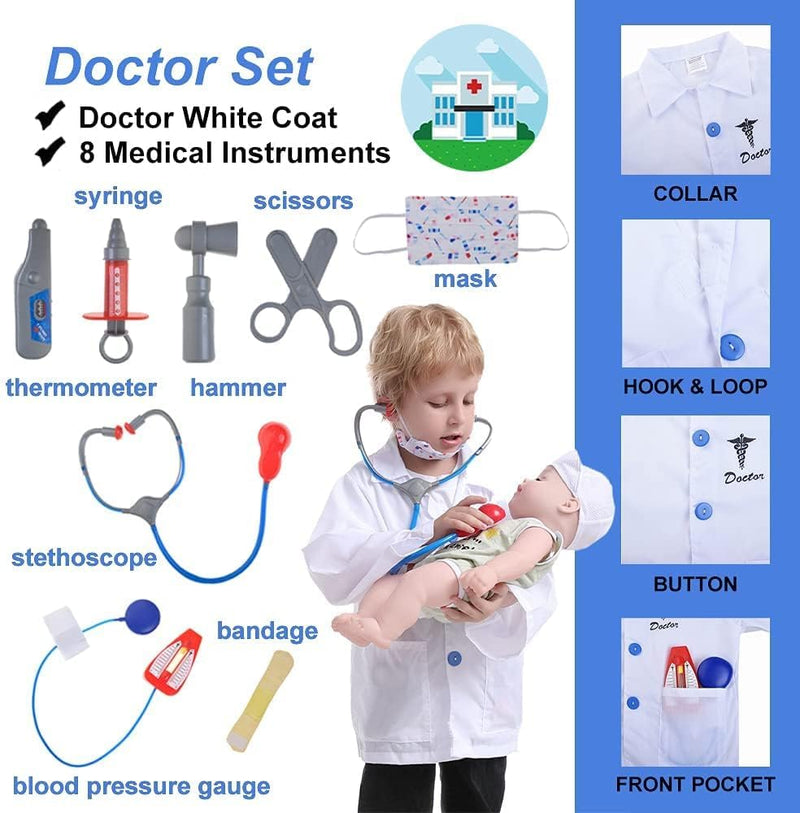 Amerteer Kids Cosplay Costume Role Play Set,Doctor Pretend Play Set Realistic Medical Kit for Kids with Lab Coat, Stethoscope, and Accessories for Ages 3-8 Years