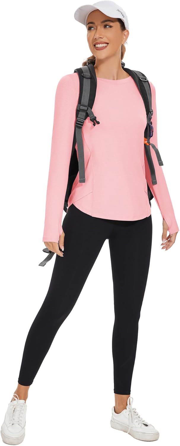 Rapbin Women's UPF 50+ Sun Protection T-Shirts Long Sleeve Boat Neck Workout Lightweight Quick Dry Top with Thumb Hole
